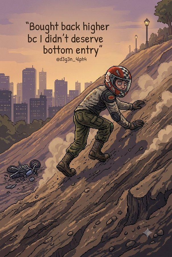 A rider in a checkered helmet crawling back up a dirt hill, his bike wrecked at the bottom.