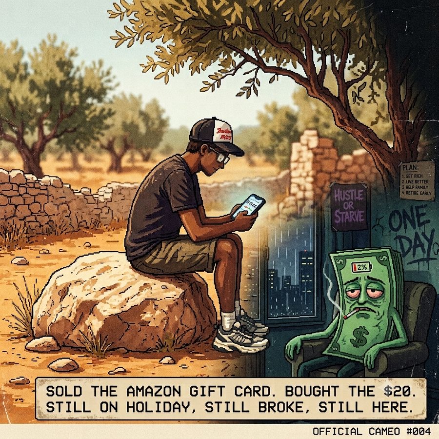 A man on a rock in an olive grove reading his phone while Twenty slumps in an armchair behind him.