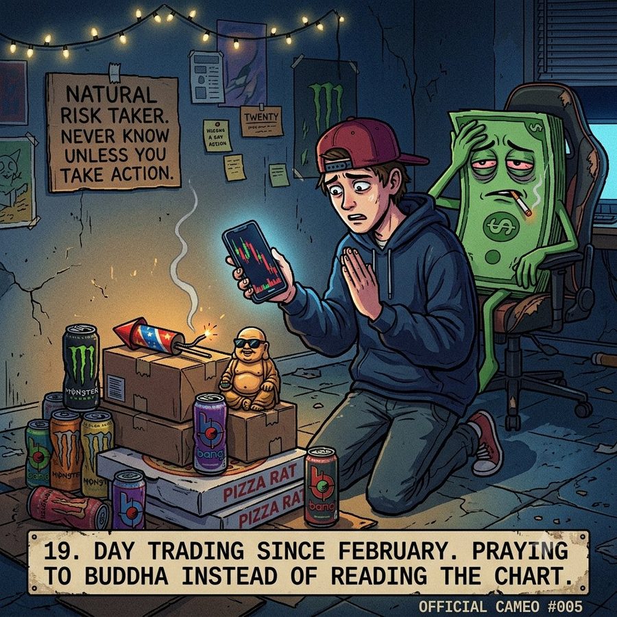 A kid in a backwards cap praying beside a laughing buddha, phone in hand, Twenty smoking in a gaming chair.