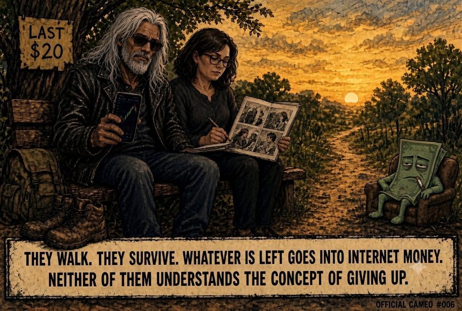 A couple on a bench at sunset, one holding a phone, one drawing, with Twenty in an armchair down the path.
