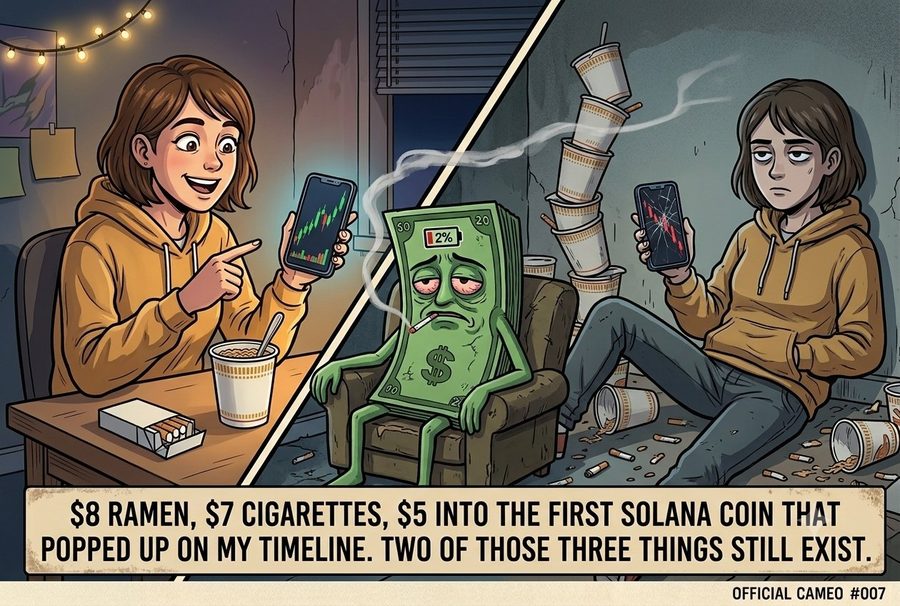 Split scene: the same person cheerful with ramen and a green chart, then hollow-eyed with a cracked phone.