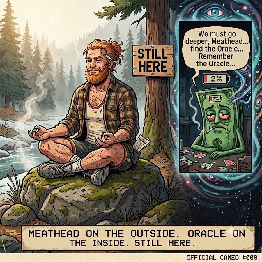 A bearded man meditating on a rock by a river under a STILL HERE sign, Twenty talking to him from a comic panel.